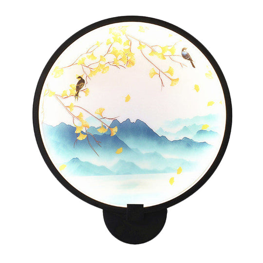 Chinese Style Acrylic Led Wall Sconce In Black Ginkgo/Blooming Plum Mural Light Fixture For Bedrooms