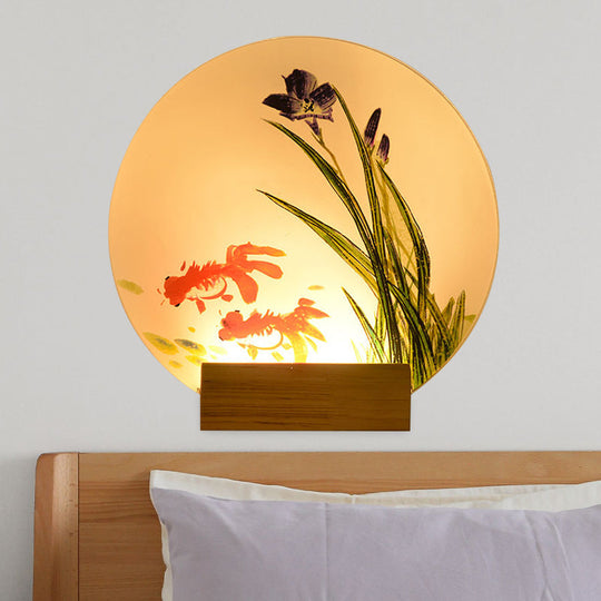 Asian Led Wall Light Sconce With Wooden Arm - Goldfish/Boat Bedside Mural Design Wood / Fish