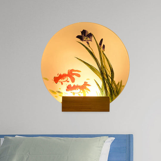 Asian Led Wall Light Sconce With Wooden Arm - Goldfish/Boat Bedside Mural Design