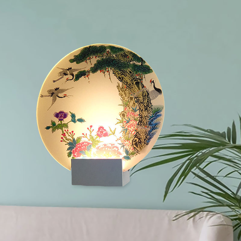Chinese Led Wall Lamp With Halcyon And Peony Pattern - White Disc Shape