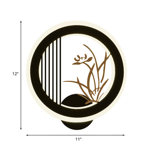 Chinese Acrylic Led Wall Light Fixture In Black For Living Room Décor With Chrysanths/Orchid Flower