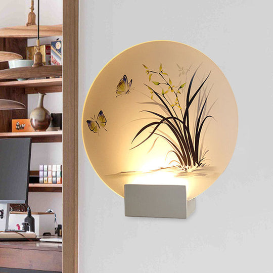 Modern Asian Led Wall Lamp With Moon Shape Butterfly And Orchid Pattern - Acrylic Mount Lighting