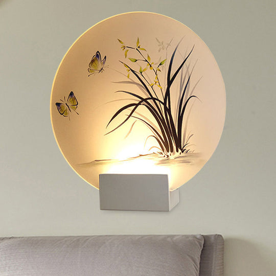 Modern Asian Led Wall Lamp With Moon Shape Butterfly And Orchid Pattern - Acrylic Mount Lighting