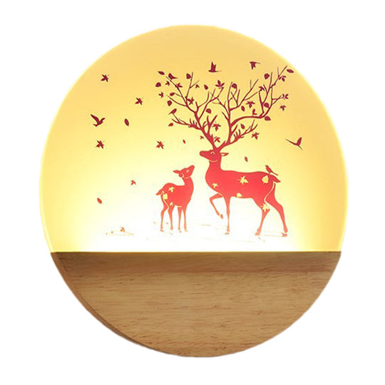 Nordic Wood Sconce With Led Mural Light Deer/Bird Patterned Acrylic Shade - Ideal For Bedroom Wall