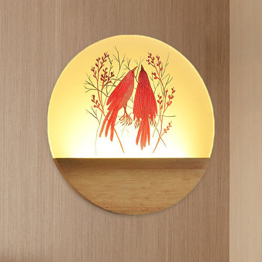 Nordic Wood Sconce With Led Mural Light Deer/Bird Patterned Acrylic Shade - Ideal For Bedroom Wall