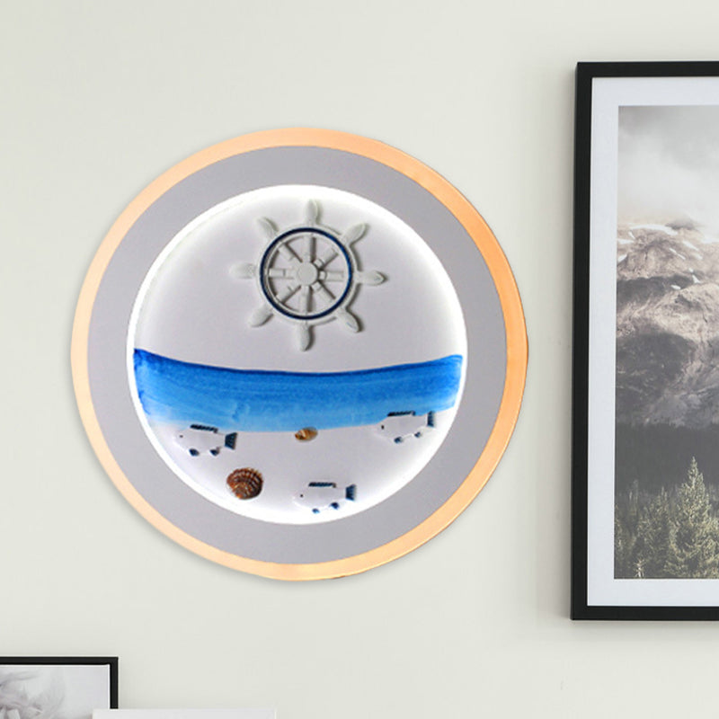 Coastal Scenery Led Round Wall Lamp: White Acrylic Decor For Bedroom