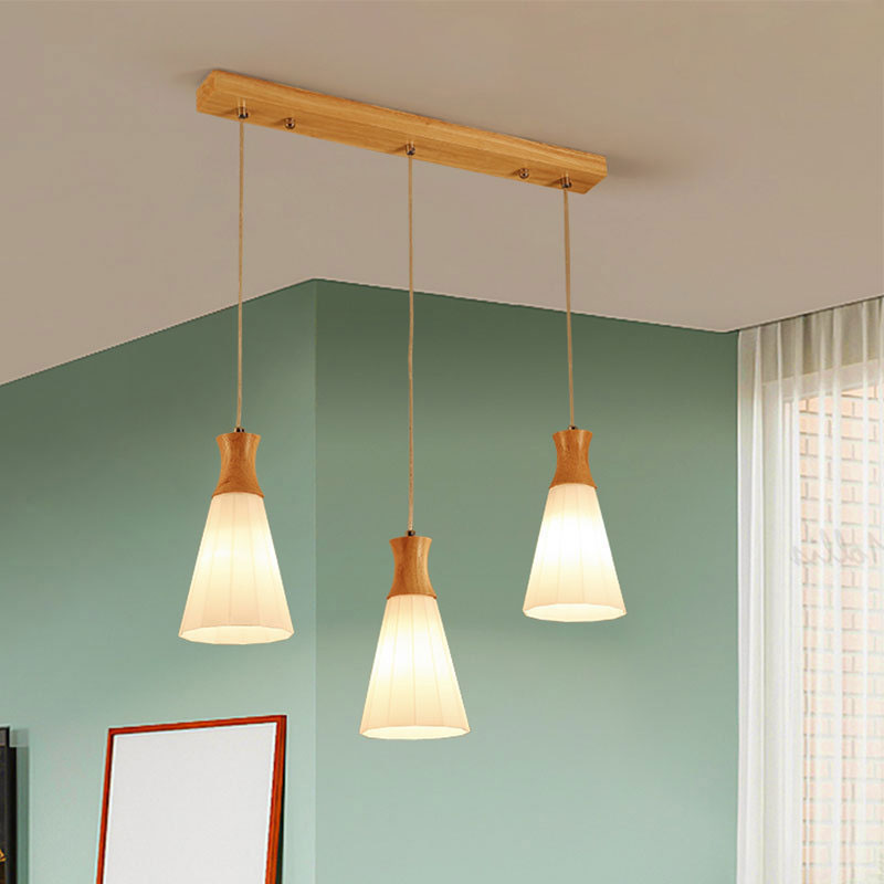 Nordic Style Conic Pendant Lamp With Ribbed Glass And Wood Hangings - 3 Lights White Linear/Round