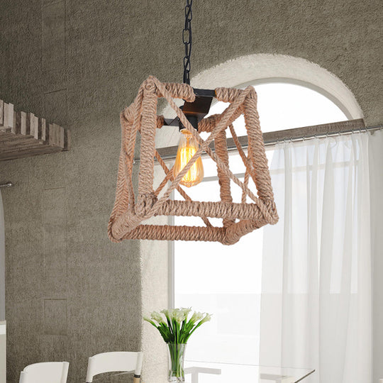 Country Style Black Metal Hanging Ceiling Light With Caged Bulb And Globe/Square Shade – Rope
