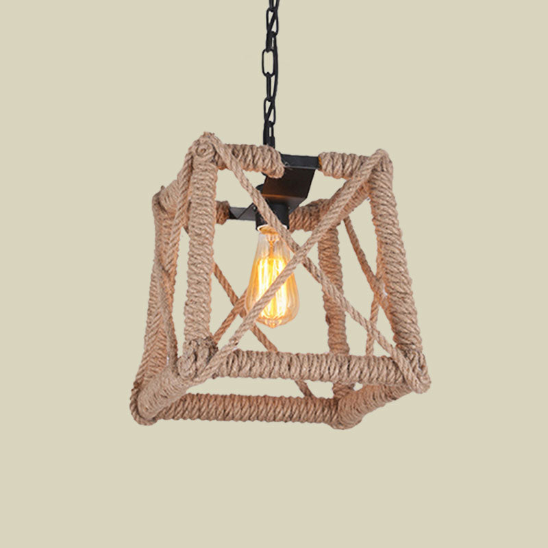Country Style Black Metal Hanging Ceiling Light With Caged Bulb And Globe/Square Shade – Rope