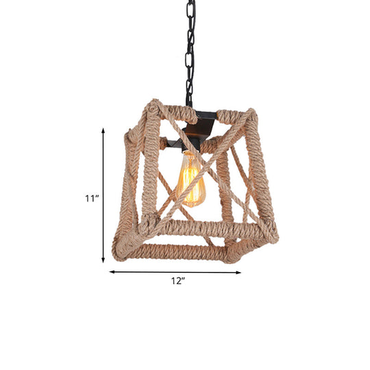 Country Style Black Metal Hanging Ceiling Light With Caged Bulb And Globe/Square Shade – Rope