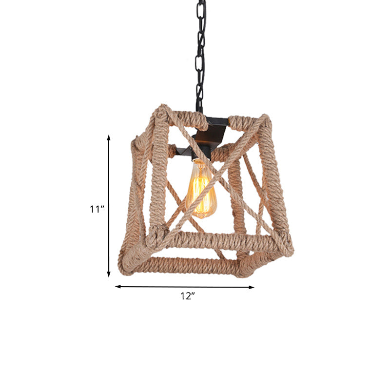 Country Style Black Metal And Rope Pendant Light - Caged Hanging Ceiling With Globe/Square Shade