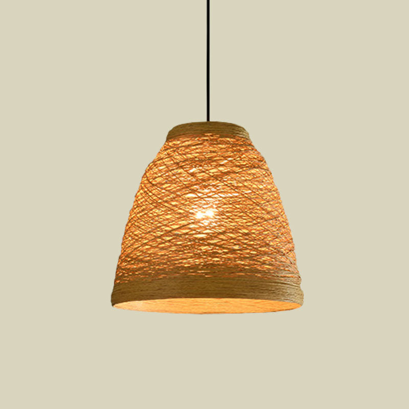 Lodge Style 1-Light Weave Tapered Pendant Lamp In Orange/Brown - Dining Table Hanging Fixture