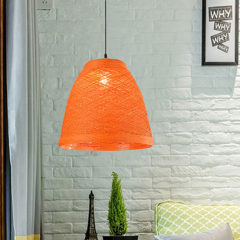 Lodge Style 1-Light Weave Tapered Pendant Lamp In Orange/Brown - Dining Table Hanging Fixture