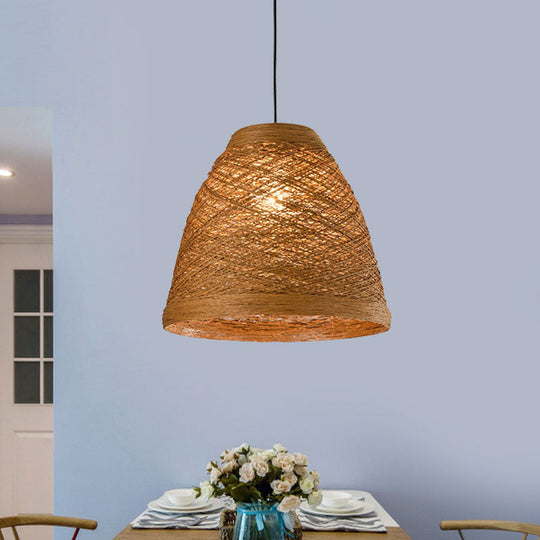 Lodge Style 1-Light Weave Tapered Pendant Lamp In Orange/Brown - Dining Table Hanging Fixture Brown