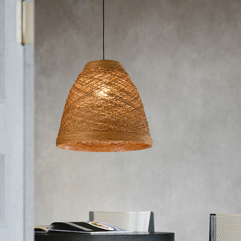 Lodge Style 1-Light Weave Tapered Pendant Lamp In Orange/Brown - Dining Table Hanging Fixture