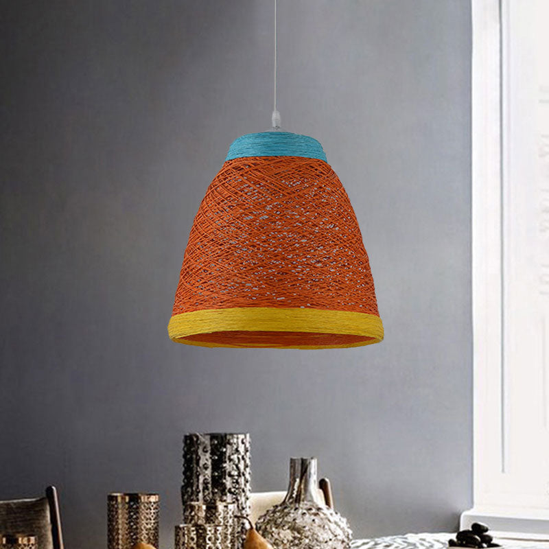 Lodge Style 1-Light Weave Tapered Pendant Lamp In Orange/Brown - Dining Table Hanging Fixture