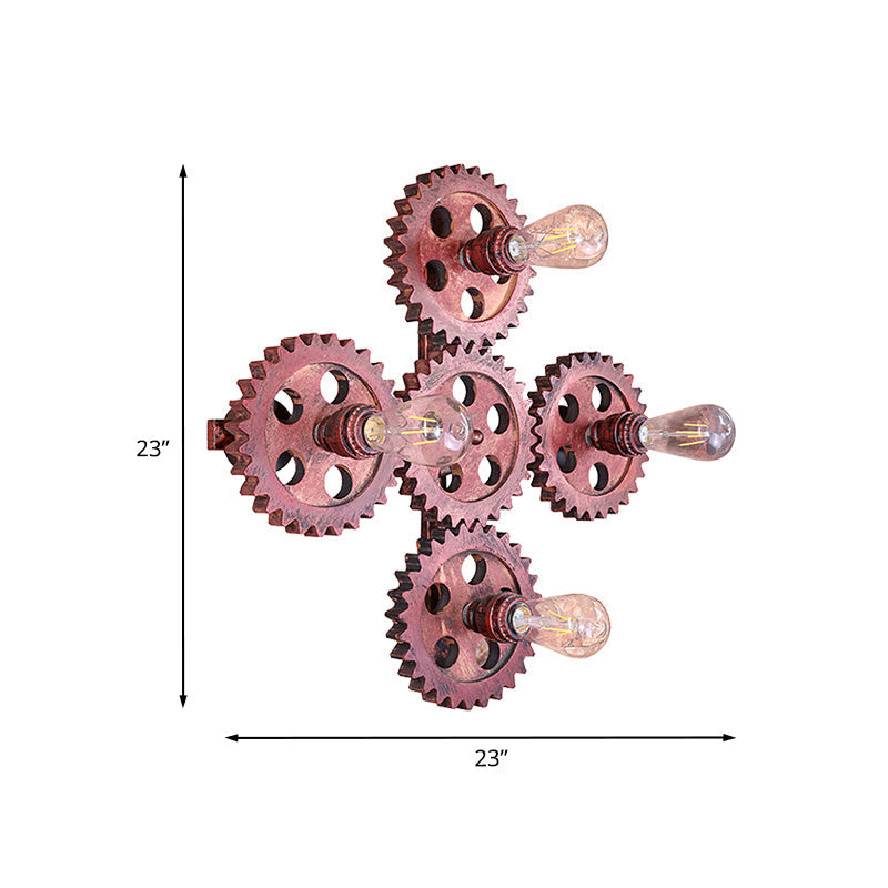 Antique Dark Rust Wrought Iron Sconce Lamp - 4 Lights Gear Wall Lighting For Restaurants