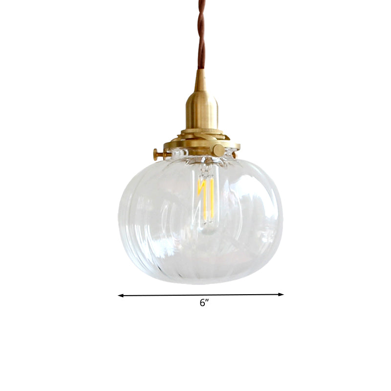 Brass Suspension Light Melon Shape Fluted Glass Pendant Lamp For Corridor