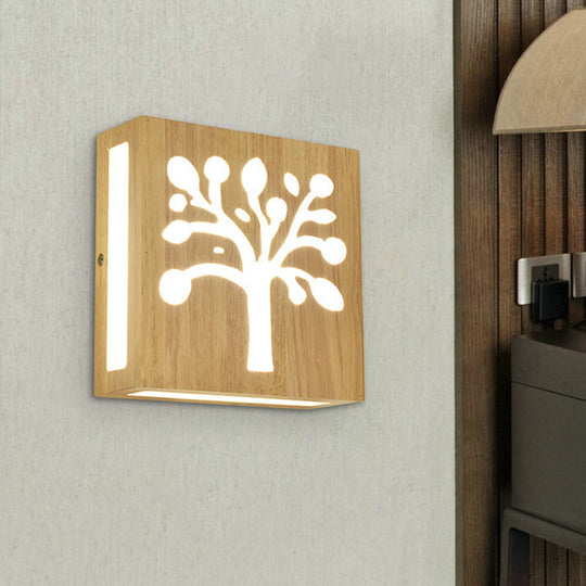 Modern Led Wood Square Wall Sconce: Beige Bedside Light With Cute Pattern