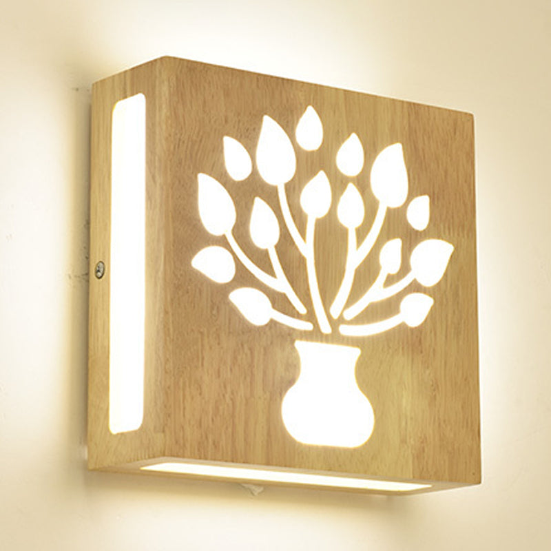 Modern Led Wood Square Wall Sconce: Beige Bedside Light With Cute Pattern
