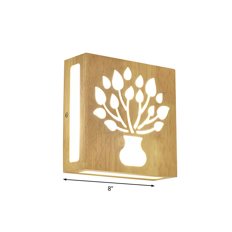 Modern Led Wood Square Wall Sconce: Beige Bedside Light With Cute Pattern