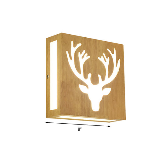 Modern Led Wood Square Wall Sconce: Beige Bedside Light With Cute Pattern