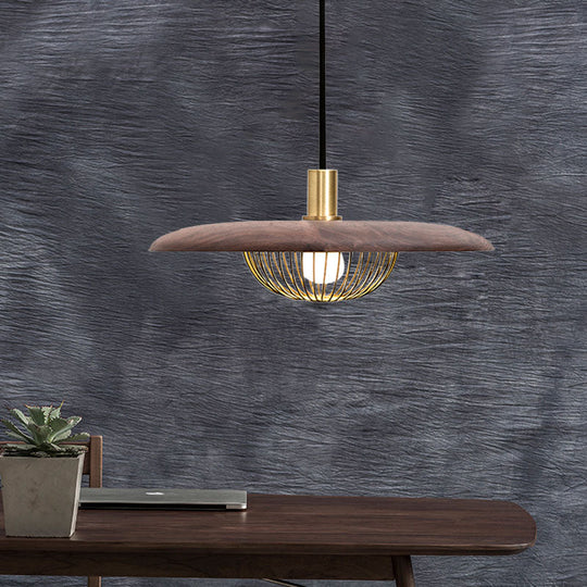 Iron Wire Domed Pendant Light With Wooden Shade - Modern And Suspended Lighting