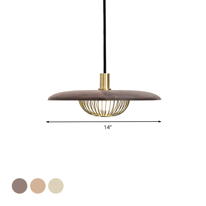 Iron Wire Domed Pendant Light With Wooden Shade - Modern And Suspended Lighting