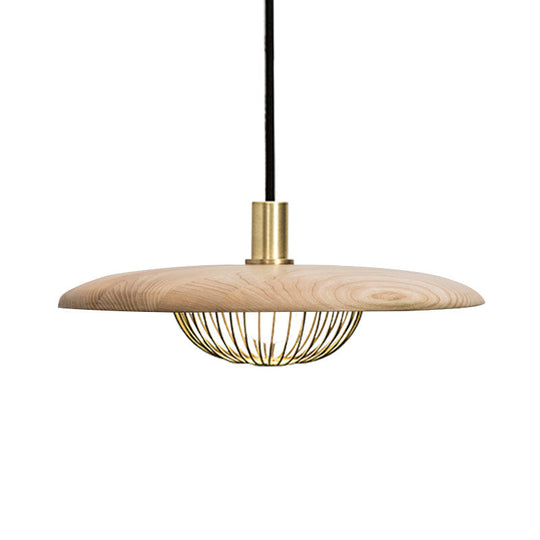 Iron Wire Domed Pendant Light With Wooden Shade - Modern And Suspended Lighting