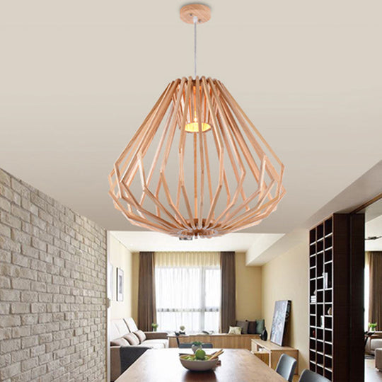 Diamond Cafe Pendant Light - Asian Style Wood Suspension 1 Head Beige