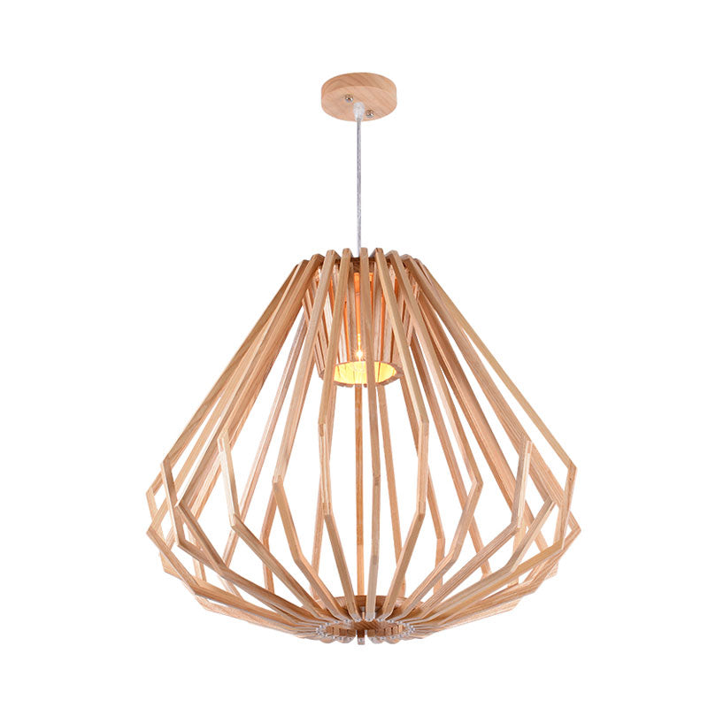 Diamond Cafe Pendant Light - Asian Style Wood Suspension 1 Head Beige