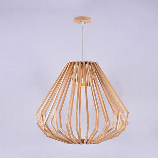 Diamond Cafe Pendant Light - Asian Style Wood Suspension 1 Head Beige
