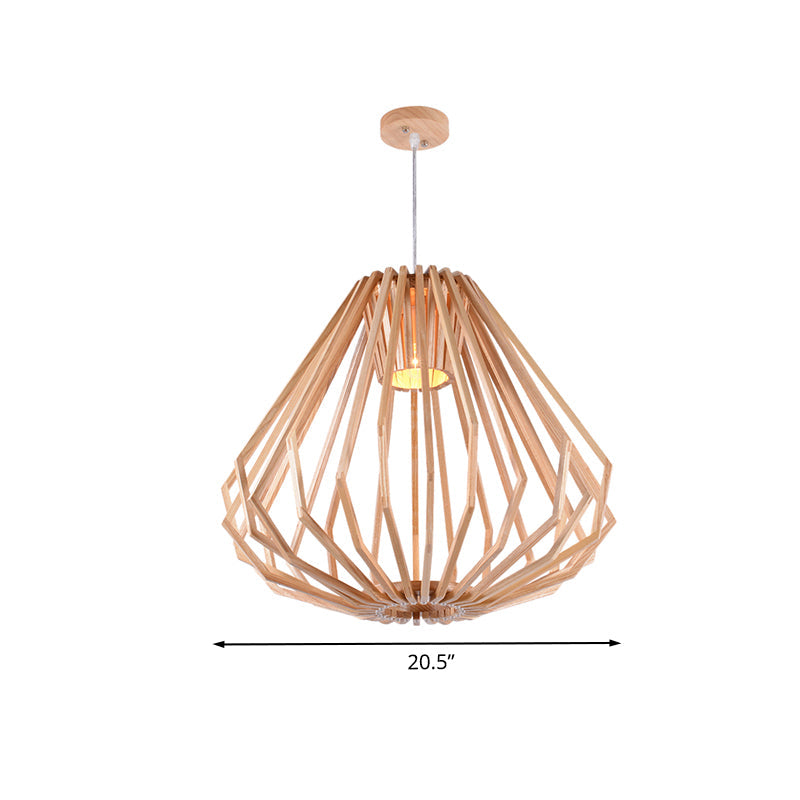 Asian Style Wood Pendant Light With Diamond Café Design - 1 Head Beige Suspension For Dining Room