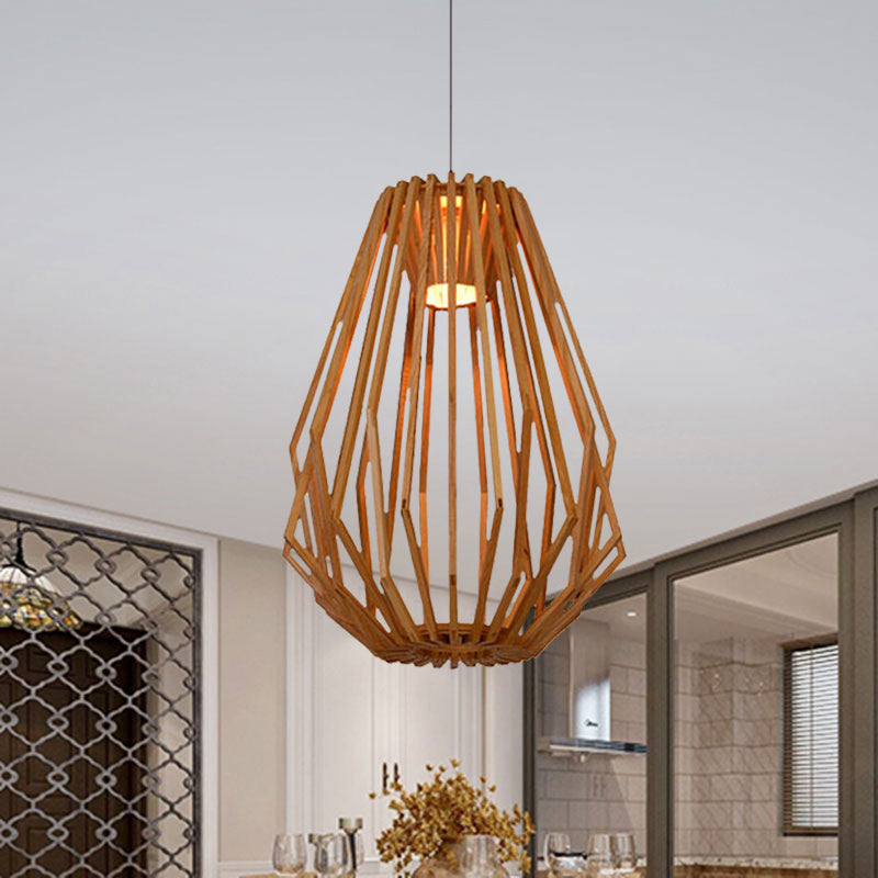 Diamond Cafe Pendant Light - Asian Style Wood Suspension 1 Head Beige