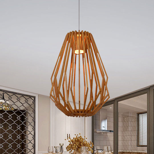 Diamond Cafe Pendant Light - Asian Style Wood Suspension 1 Head Beige