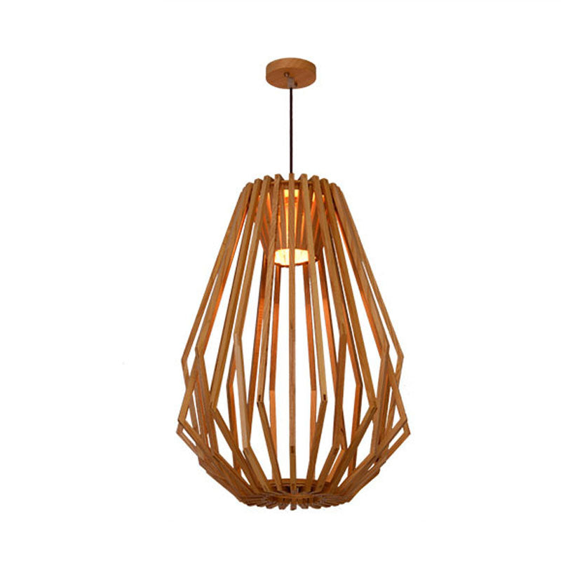 Asian Style Wood Pendant Light With Diamond Café Design - 1 Head Beige Suspension For Dining Room