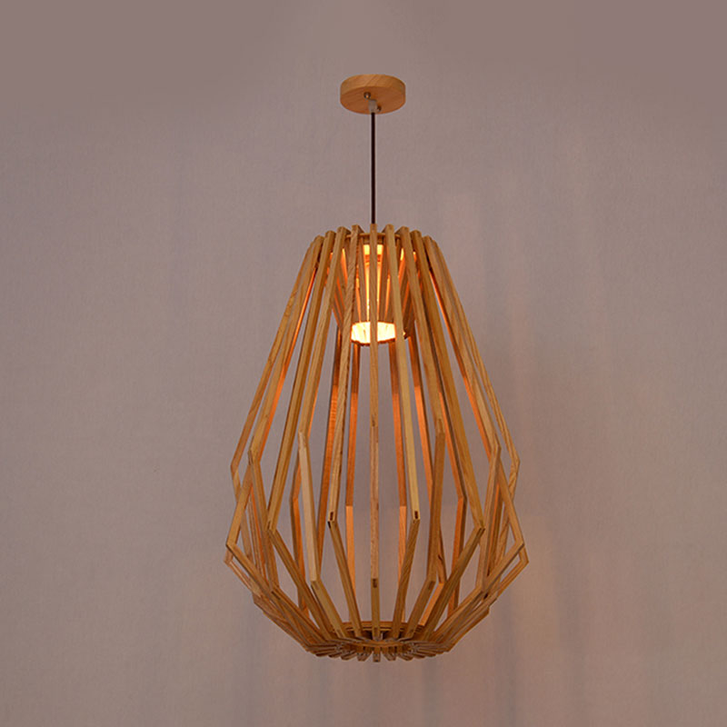 Diamond Cafe Pendant Light - Asian Style Wood Suspension 1 Head Beige