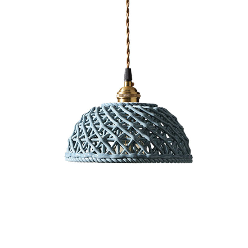 Nordic Grid Dome Pendant Light - 6.5’/8’ Single Bulb Ceramic Hanging Lamp For Dining Room &