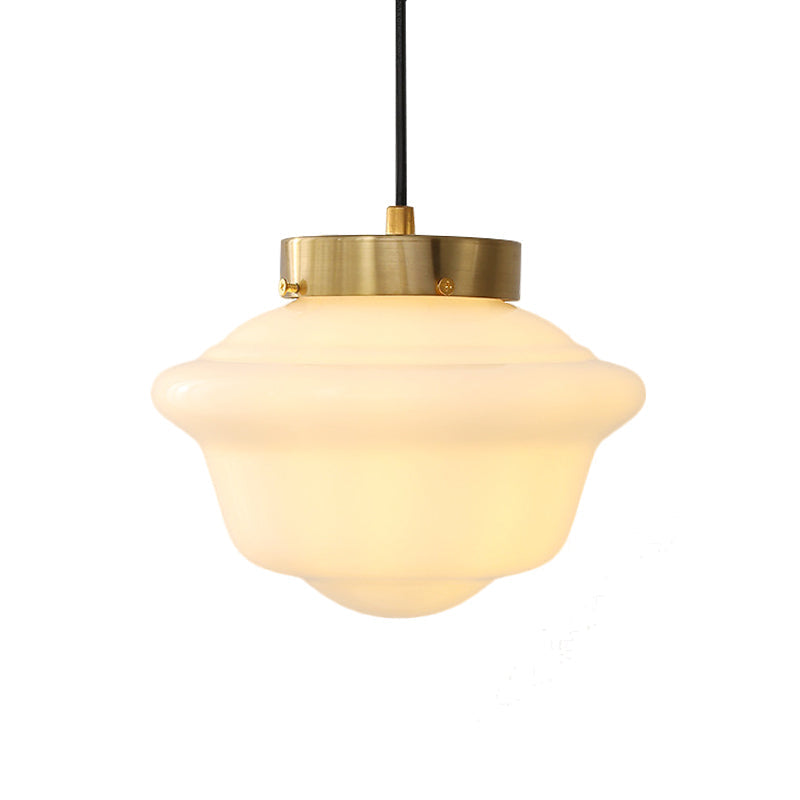 Minimalist White Glass Pendant Ceiling Light Gyro Shape Single Brass Hanging Design For Restaurants