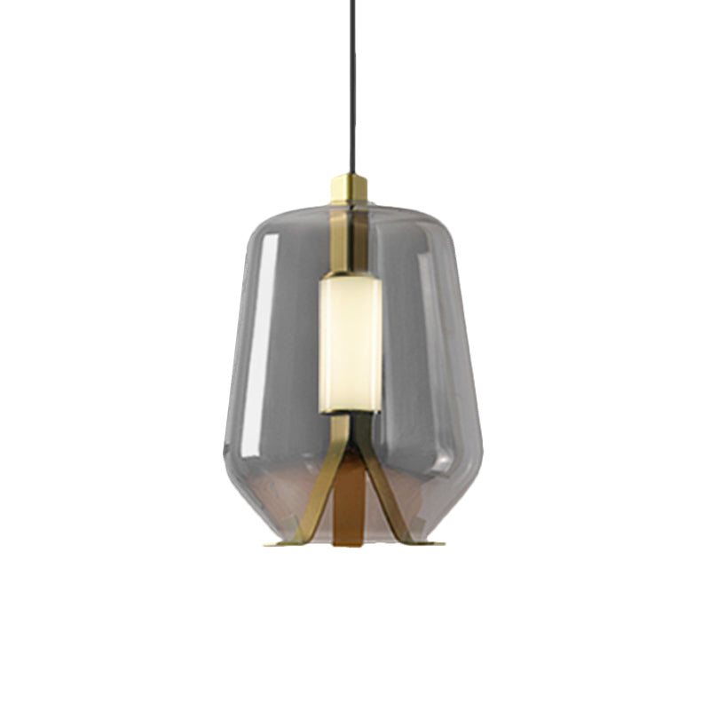 Postmodern Brass Pendant Light With Bottle Smoke Grey/Cognac Glass Shade - Dining Table Led Lighting