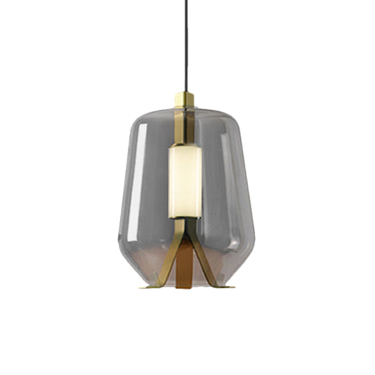 Postmodern Brass Pendant Light With Bottle Smoke Grey/Cognac Glass Shade - Dining Table Led Lighting