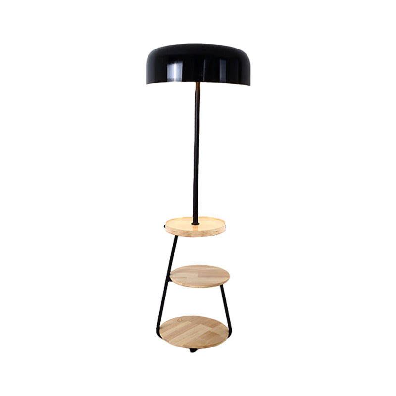 Modern Black Metal Floor Lamp With Wood Shelves - 2 Bulb Bowl Shade Light