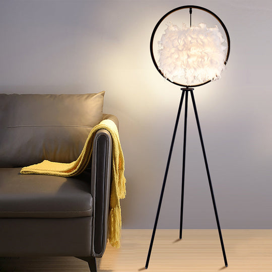 Postmodern Black/Gold Tripod Floor Lamp With Feather Shade - 1-Bulb Metal Standing Light