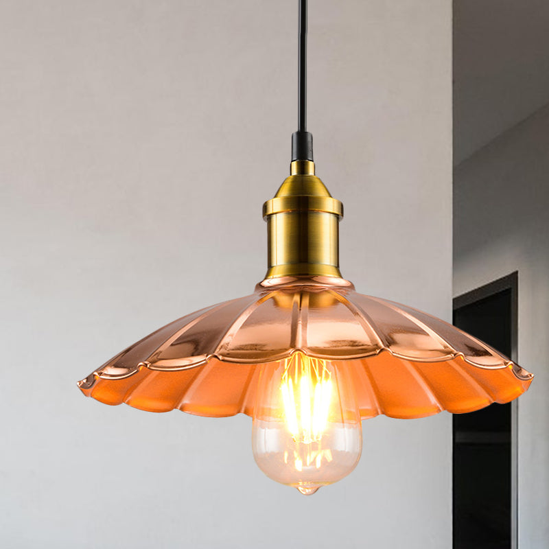 Copper Industrial Scalloped Pendant Lighting - 1 Light Metallic Hanging Lamp For Bedroom