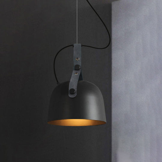 Industrial Style Dome Hanging Lamp In Black/Silver/Copper With Leather Strap - 7’/9.5’ Dia 1