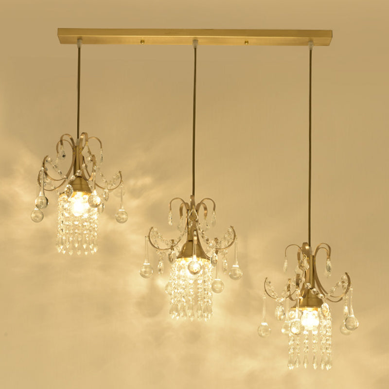 Crystal Drip Cylindrical Island Pendant - Minimalist Brass Suspension Lamp For Dining Table