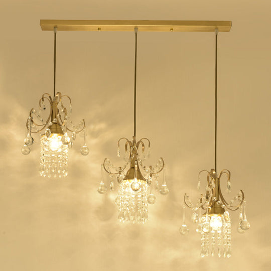 Crystal Drip Cylindrical Island Pendant - Minimalist Brass Suspension Lamp For Dining Table