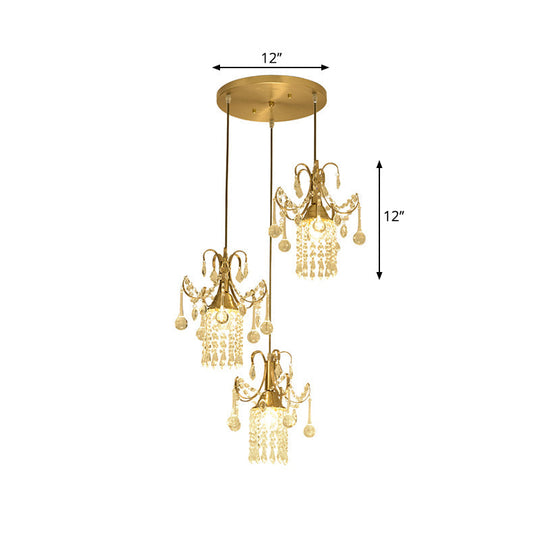 Modernist Crystal Droplet 3-Light Brass Pendant Ceiling Light For Dining Room