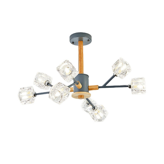 Modern Cube Clear Crystal Chandelier With 8 Grey Wood Branch Lights
