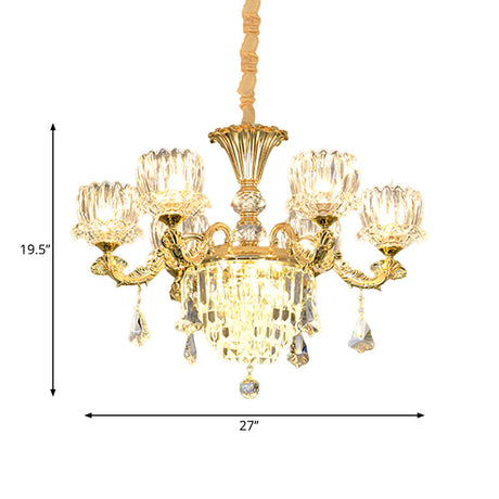 Contemporary Crystal Flower Led Chandelier With Gold Finish - 6-Light Hanging Pendant Lamp